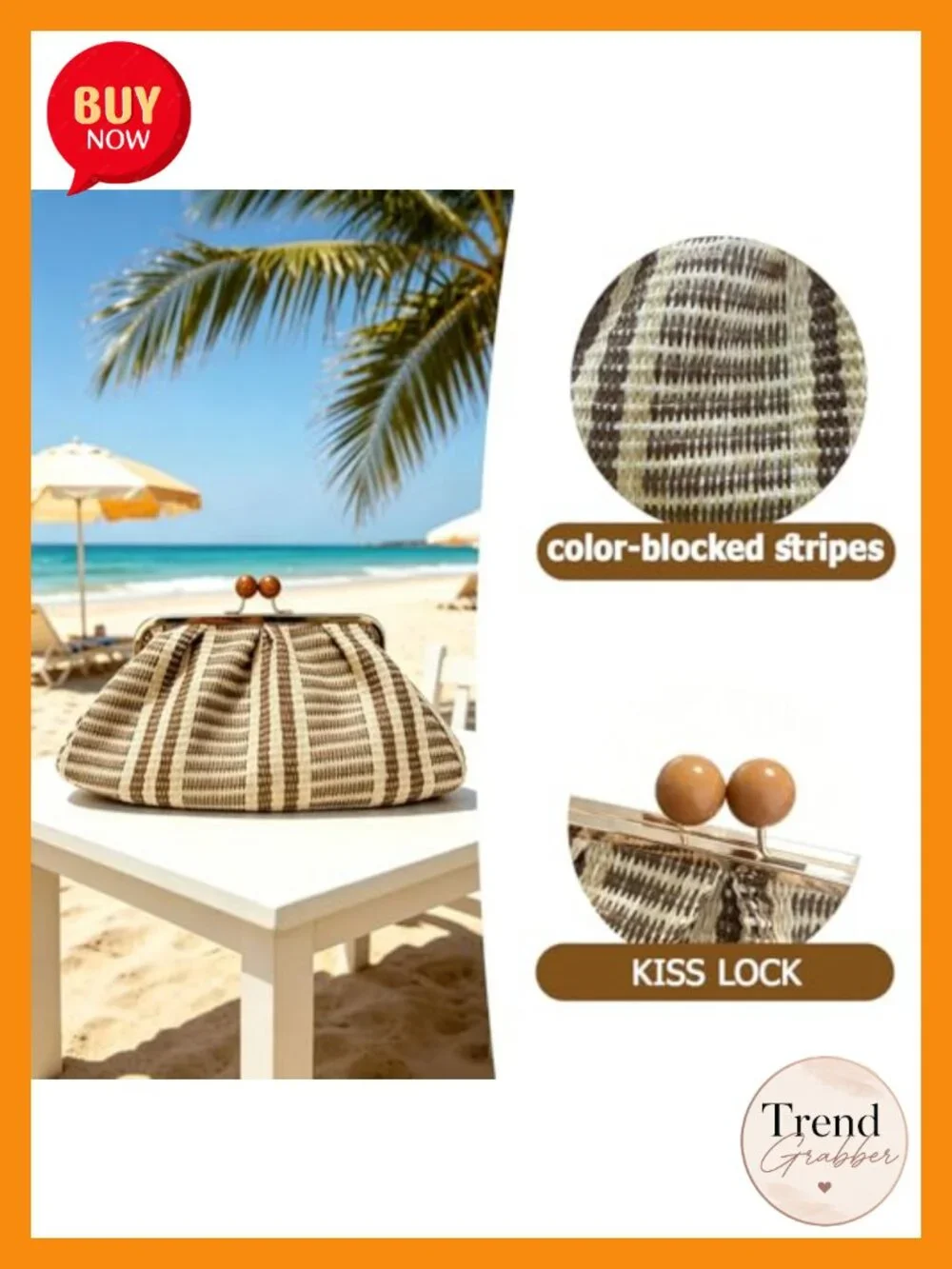 Handwoven Straw Clutch Purse with Kiss Lock Closure, Dumpling Shape Beach Bag